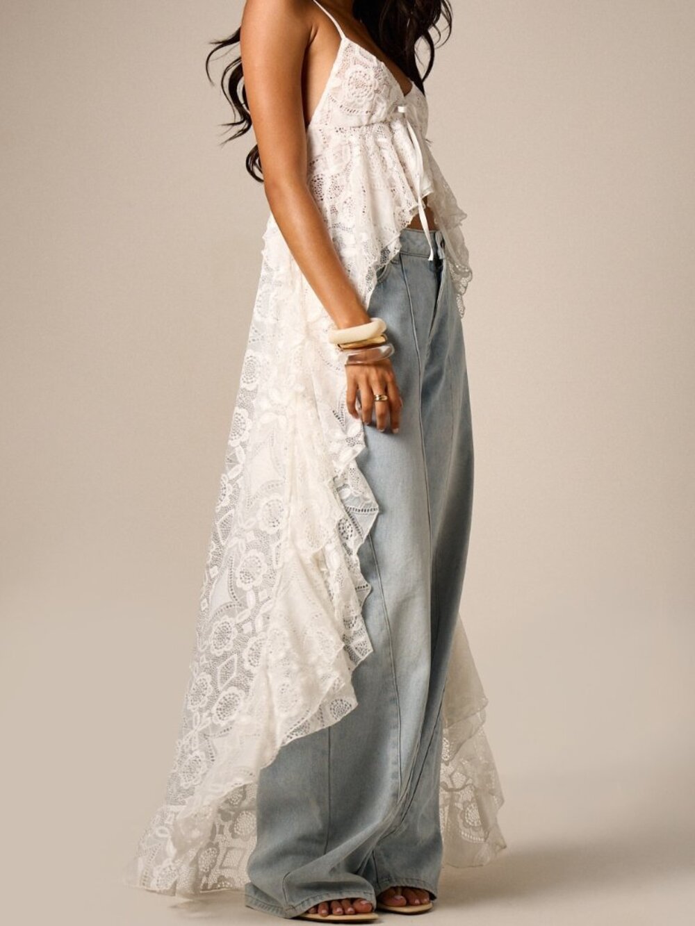 White Elegant Women's Lace Ruffle Cami Top V-Neck Tie-Front Flowy Maxi Top